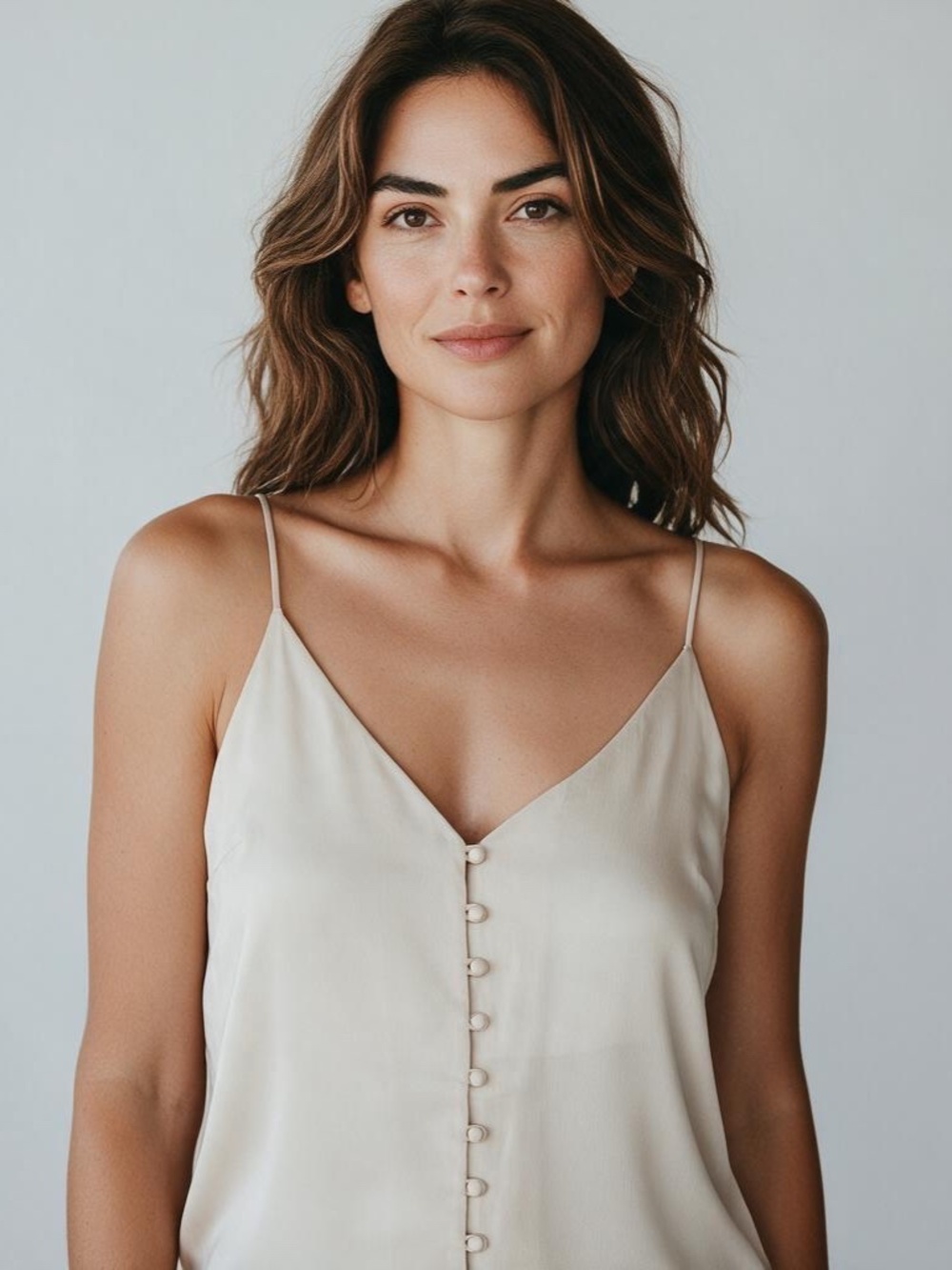 H&M Ivory Satin Button Front V-Neck Cami L